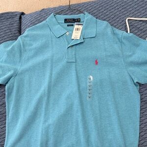 Polo by Ralph Lauren Men's Teal Polo Shirt with Pink Logo
